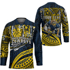 Personalised North Queensland Cowboys Hockey Jersey Polynesian Tribal Art Style With Powerful Blue Heeler Mascot