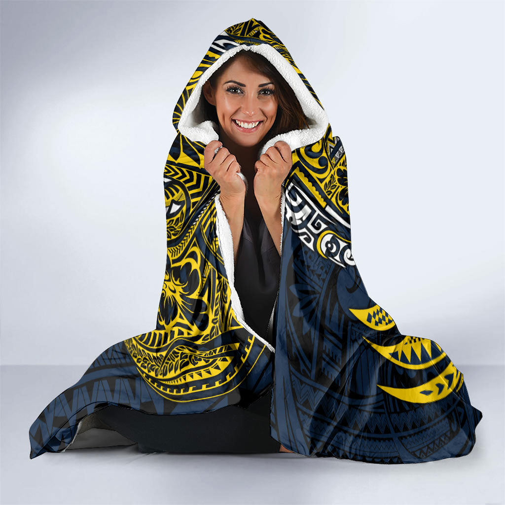 Personalised North Queensland Cowboys Hooded Blanket Polynesian Tribal Art Style With Powerful Blue Heeler Mascot