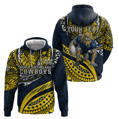Personalised North Queensland Cowboys Hoodie Polynesian Tribal Art Style With Powerful Blue Heeler Mascot