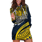 Personalised North Queensland Cowboys Hoodie Dress Polynesian Tribal Art Style With Powerful Blue Heeler Mascot