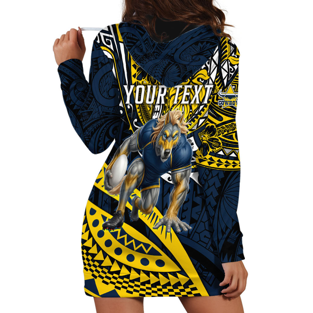 Personalised North Queensland Cowboys Hoodie Dress Polynesian Tribal Art Style With Powerful Blue Heeler Mascot