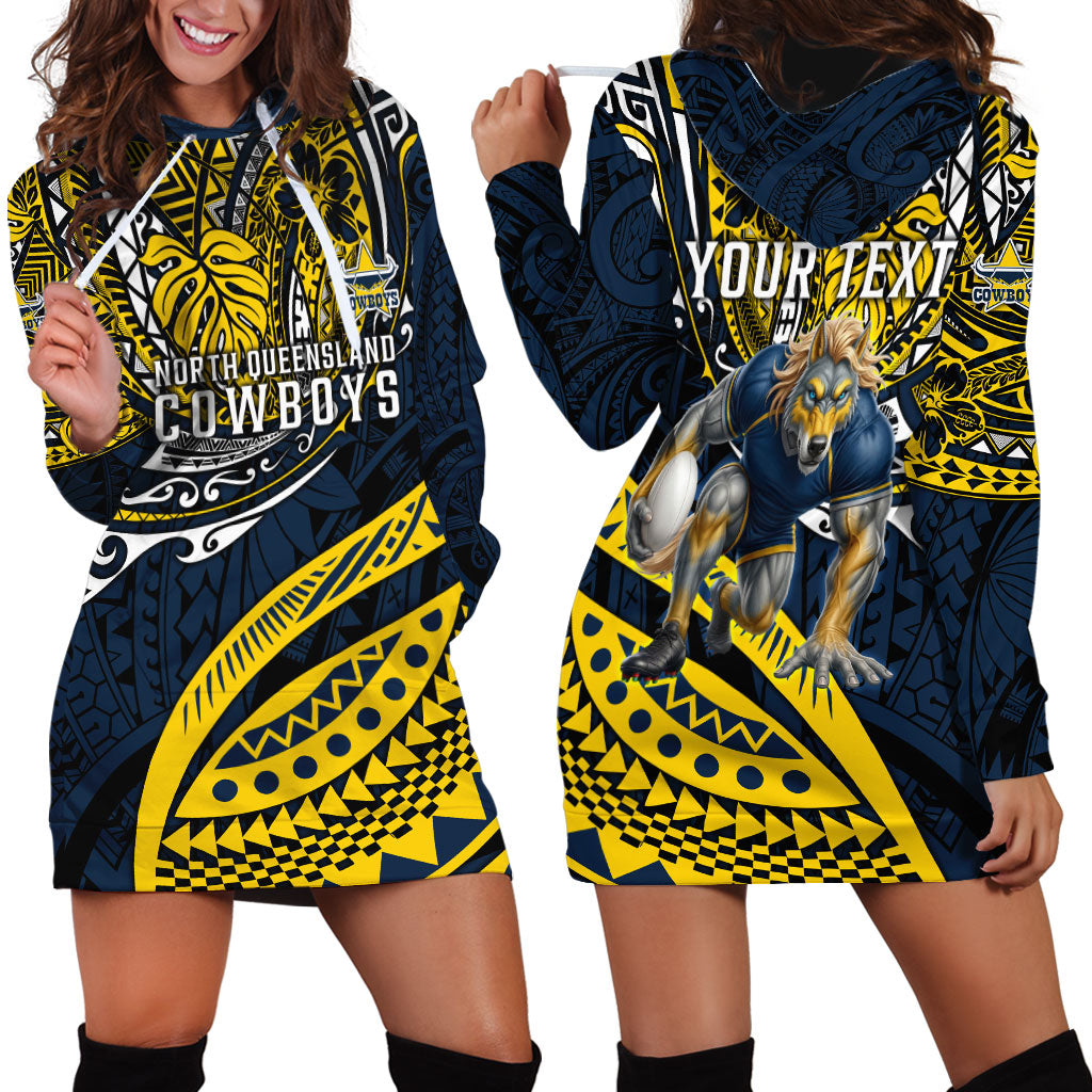 Personalised North Queensland Cowboys Hoodie Dress Polynesian Tribal Art Style With Powerful Blue Heeler Mascot