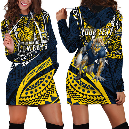 Personalised North Queensland Cowboys Hoodie Dress Polynesian Tribal Art Style With Powerful Blue Heeler Mascot