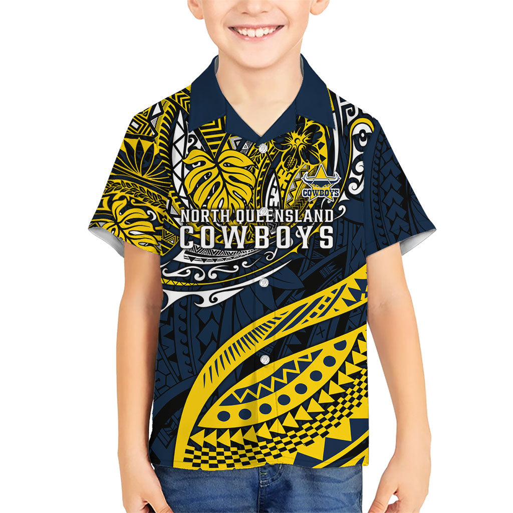 Personalised North Queensland Cowboys Kid Hawaiian Shirt Polynesian Tribal Art Style With Powerful Blue Heeler Mascot