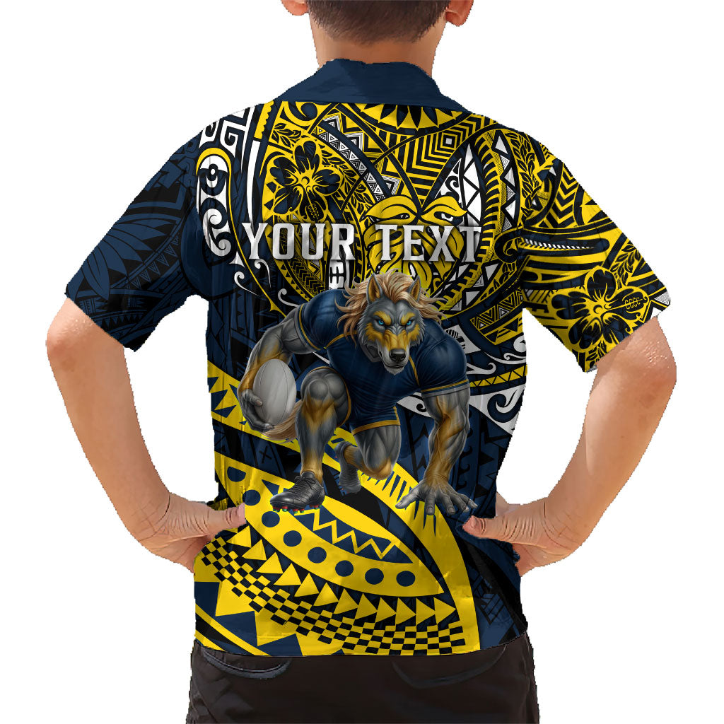 Personalised North Queensland Cowboys Kid Hawaiian Shirt Polynesian Tribal Art Style With Powerful Blue Heeler Mascot