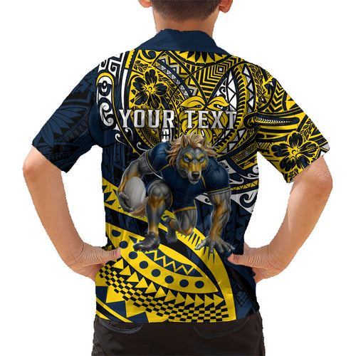 Personalised North Queensland Cowboys Kid Hawaiian Shirt Polynesian Tribal Art Style With Powerful Blue Heeler Mascot