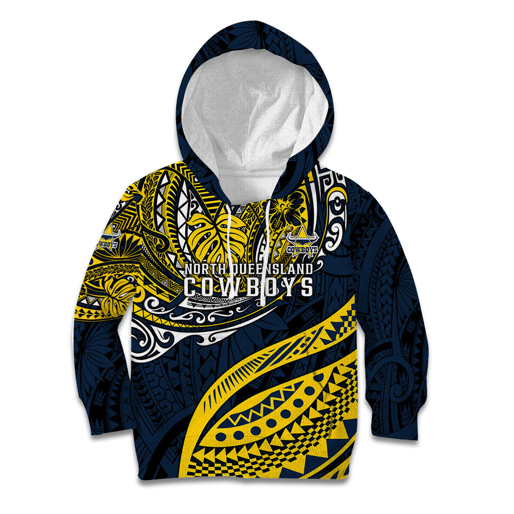 Personalised North Queensland Cowboys Kid Hoodie Polynesian Tribal Art Style With Powerful Blue Heeler Mascot