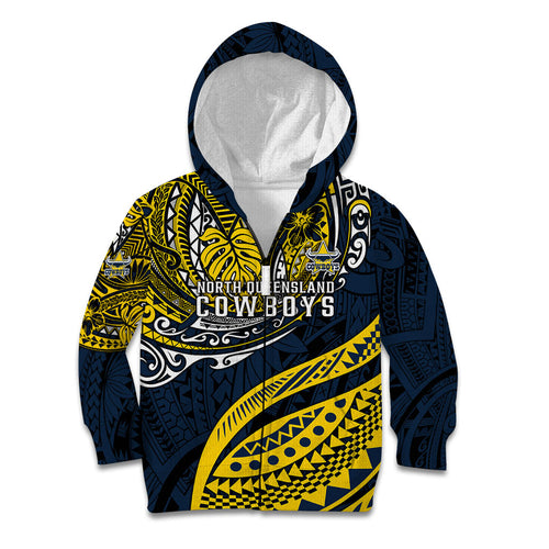 Personalised North Queensland Cowboys Kid Hoodie Polynesian Tribal Art Style With Powerful Blue Heeler Mascot