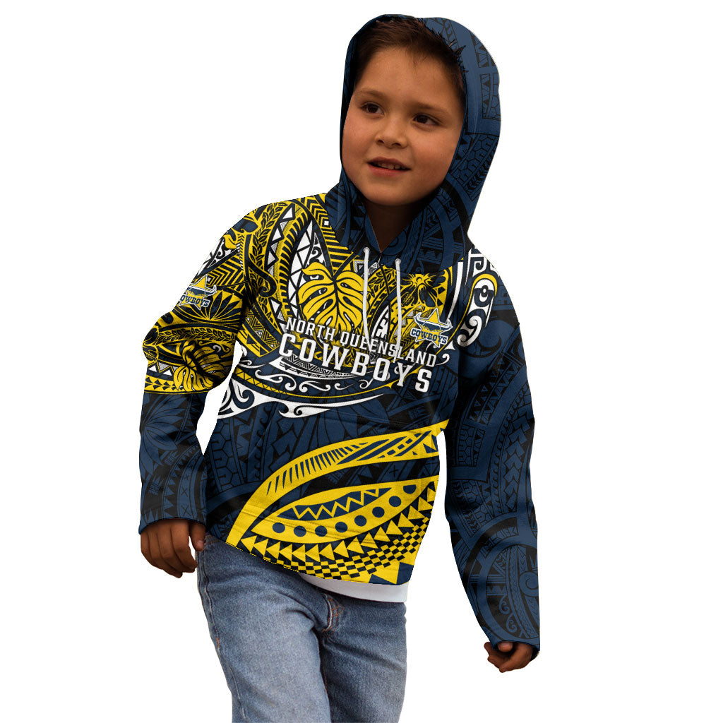 Personalised North Queensland Cowboys Kid Hoodie Polynesian Tribal Art Style With Powerful Blue Heeler Mascot