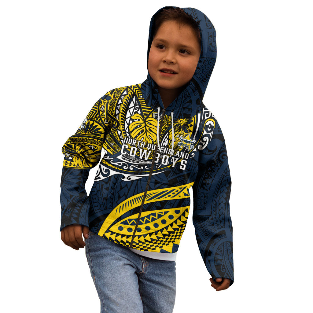 Personalised North Queensland Cowboys Kid Hoodie Polynesian Tribal Art Style With Powerful Blue Heeler Mascot