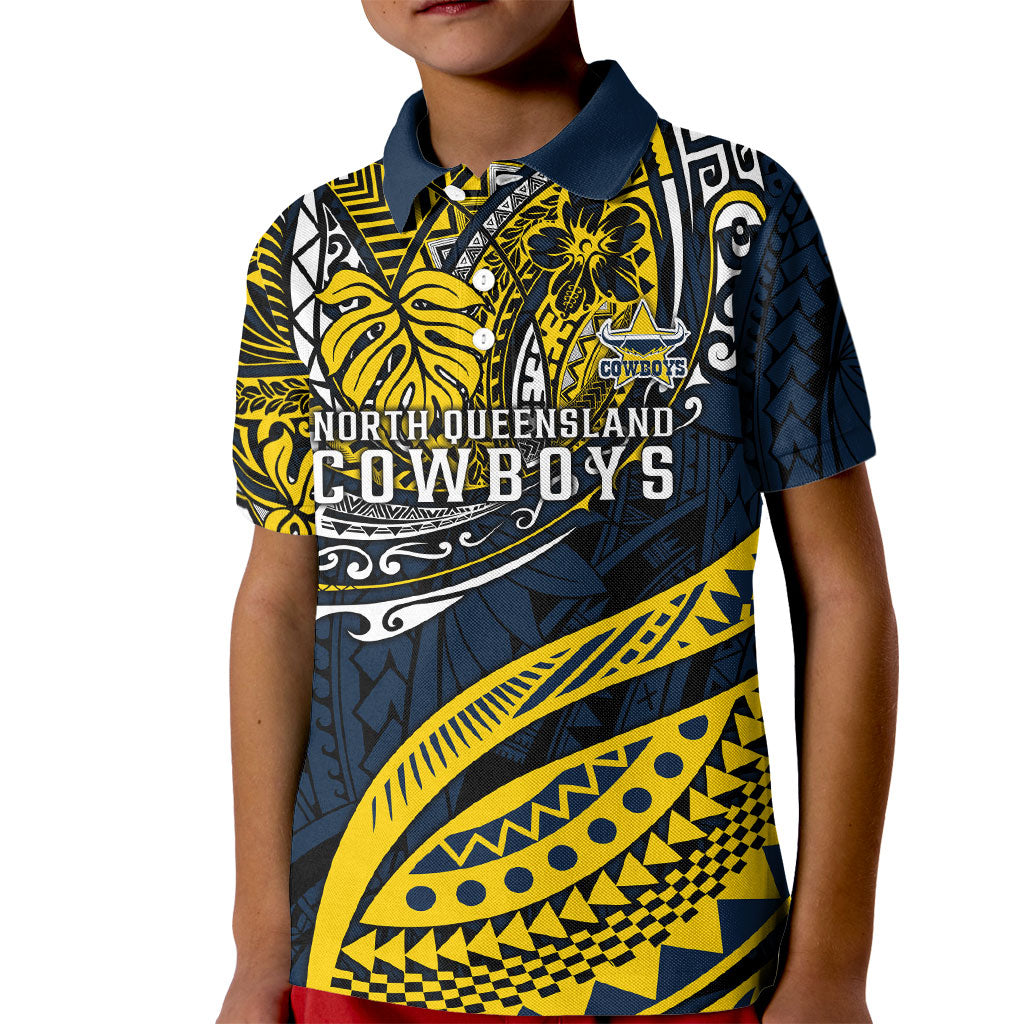 Personalised North Queensland Cowboys Kid Polo Shirt Polynesian Tribal Art Style With Powerful Blue Heeler Mascot