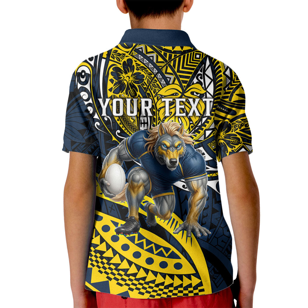 Personalised North Queensland Cowboys Kid Polo Shirt Polynesian Tribal Art Style With Powerful Blue Heeler Mascot