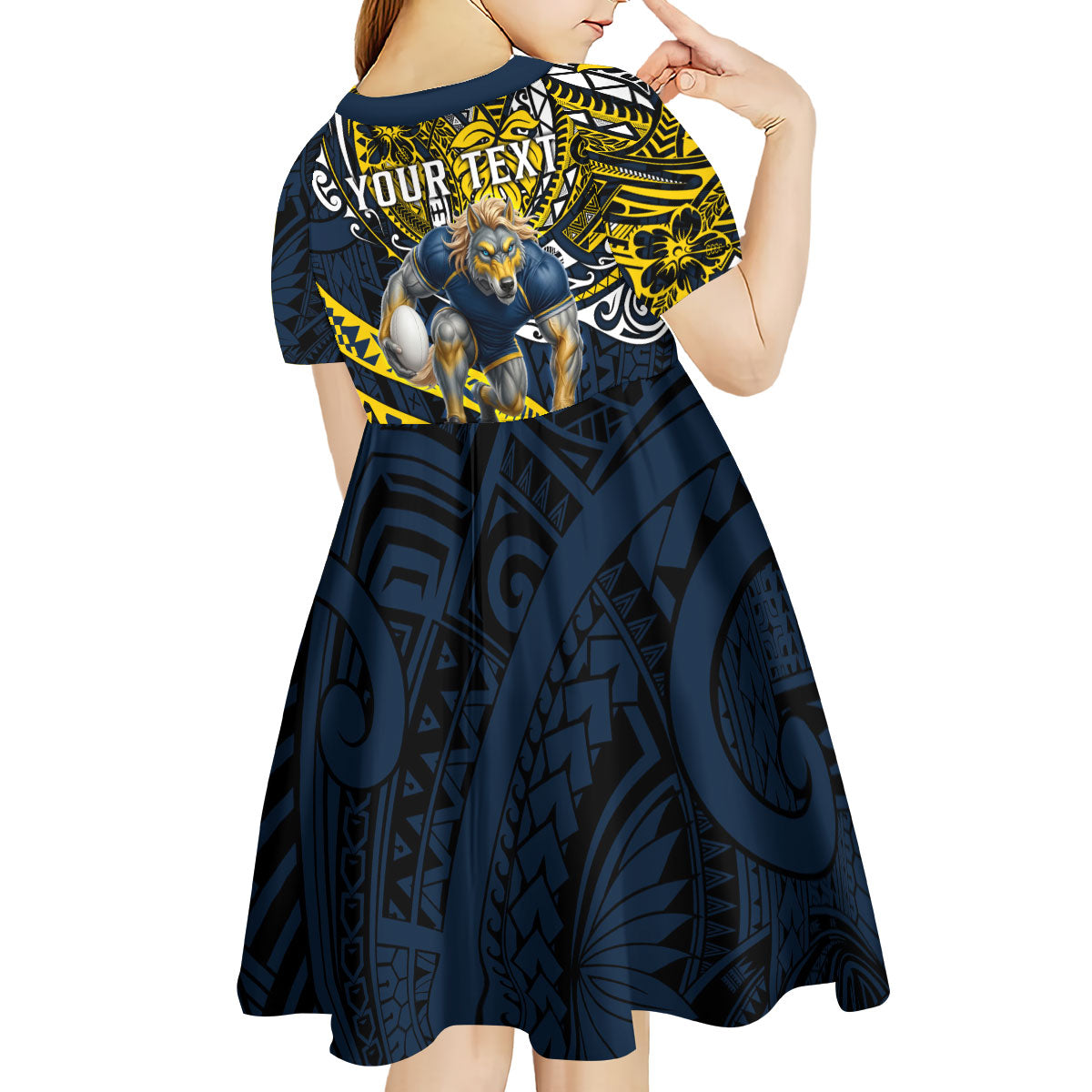 Personalised North Queensland Cowboys Kid Short Sleeve Dress Polynesian Tribal Art Style With Powerful Blue Heeler Mascot
