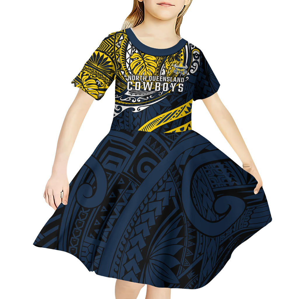 Personalised North Queensland Cowboys Kid Short Sleeve Dress Polynesian Tribal Art Style With Powerful Blue Heeler Mascot