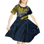 Personalised North Queensland Cowboys Kid Short Sleeve Dress Polynesian Tribal Art Style With Powerful Blue Heeler Mascot