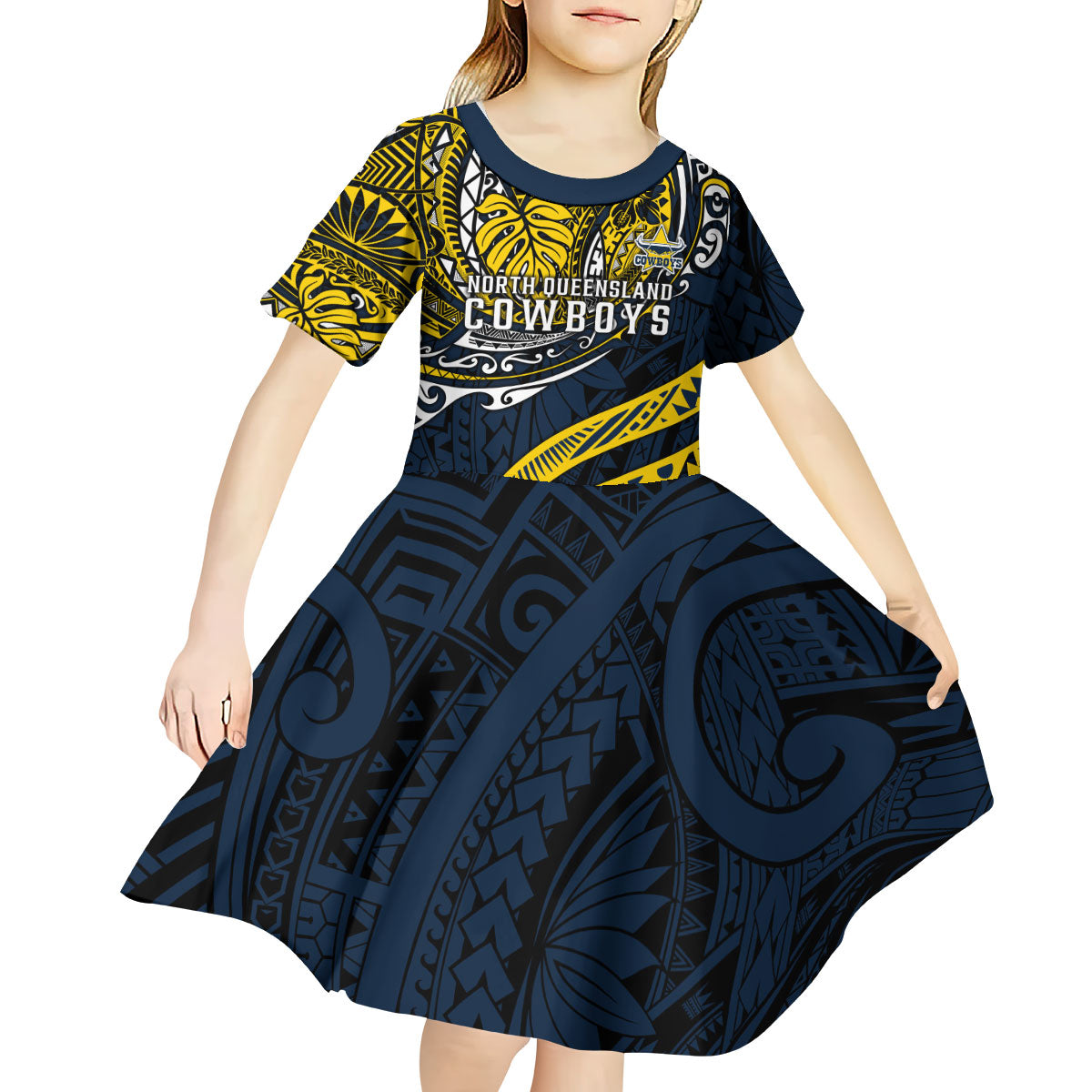 Personalised North Queensland Cowboys Kid Short Sleeve Dress Polynesian Tribal Art Style With Powerful Blue Heeler Mascot