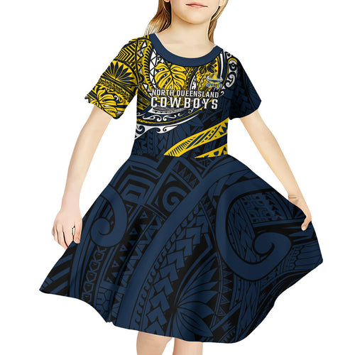 Personalised North Queensland Cowboys Kid Short Sleeve Dress Polynesian Tribal Art Style With Powerful Blue Heeler Mascot