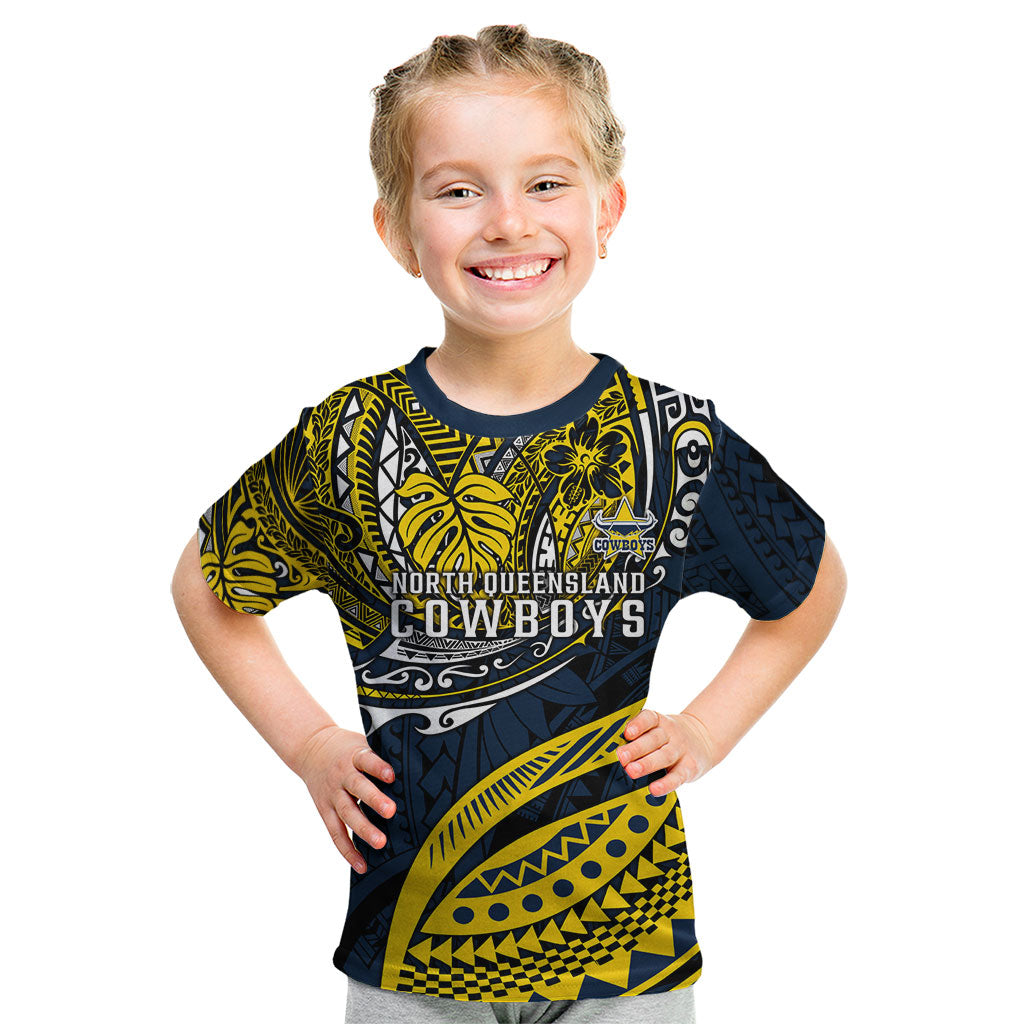 Personalised North Queensland Cowboys Kid T Shirt Polynesian Tribal Art Style With Powerful Blue Heeler Mascot