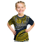 Personalised North Queensland Cowboys Kid T Shirt Polynesian Tribal Art Style With Powerful Blue Heeler Mascot