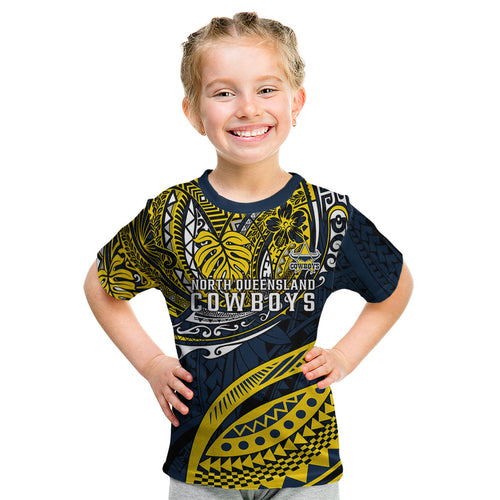 Personalised North Queensland Cowboys Kid T Shirt Polynesian Tribal Art Style With Powerful Blue Heeler Mascot