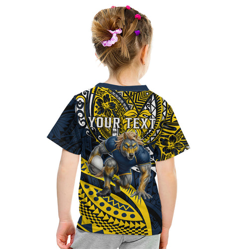 Personalised North Queensland Cowboys Kid T Shirt Polynesian Tribal Art Style With Powerful Blue Heeler Mascot