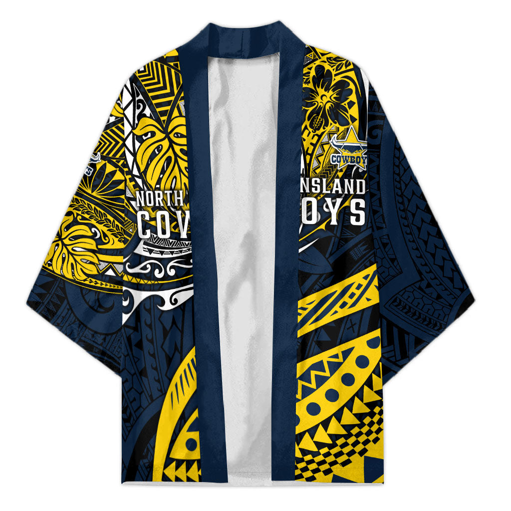 Personalised North Queensland Cowboys Kimono Polynesian Tribal Art Style With Powerful Blue Heeler Mascot