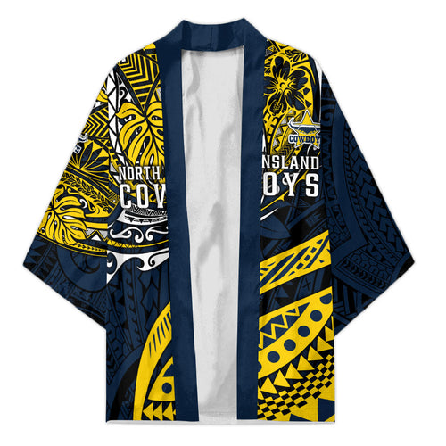 Personalised North Queensland Cowboys Kimono Polynesian Tribal Art Style With Powerful Blue Heeler Mascot