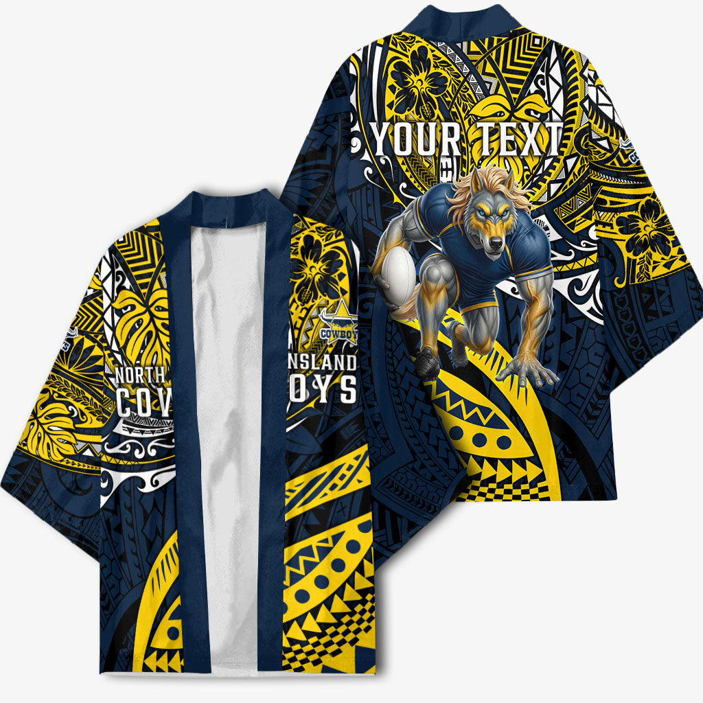 Personalised North Queensland Cowboys Kimono Polynesian Tribal Art Style With Powerful Blue Heeler Mascot