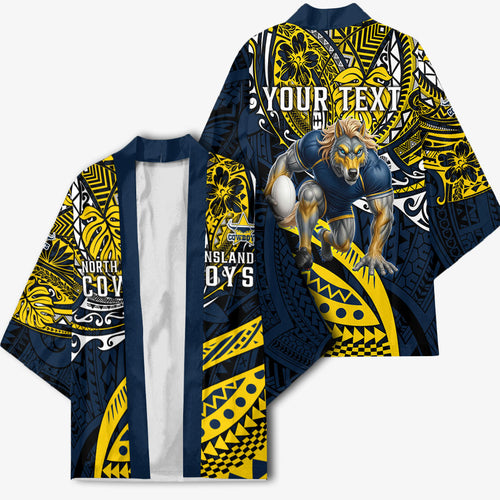 Personalised North Queensland Cowboys Kimono Polynesian Tribal Art Style With Powerful Blue Heeler Mascot