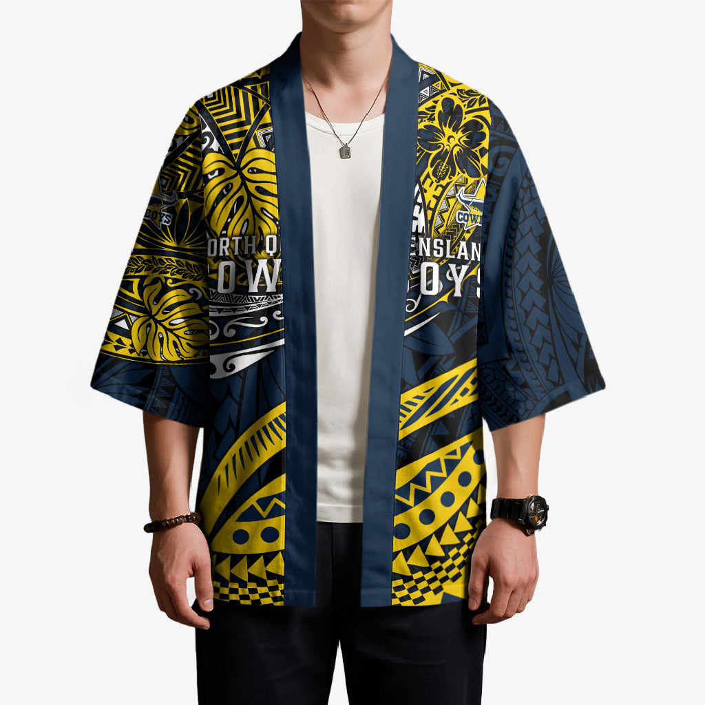 Personalised North Queensland Cowboys Kimono Polynesian Tribal Art Style With Powerful Blue Heeler Mascot