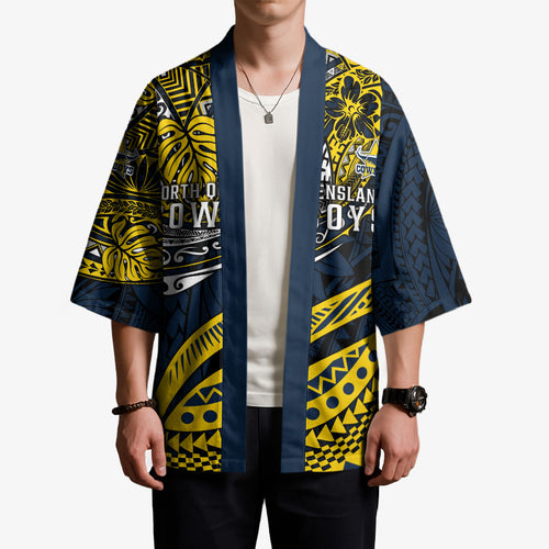 Personalised North Queensland Cowboys Kimono Polynesian Tribal Art Style With Powerful Blue Heeler Mascot