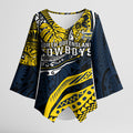 Personalised North Queensland Cowboys Kimono Sleeve Blouse Polynesian Tribal Art Style With Powerful Blue Heeler Mascot