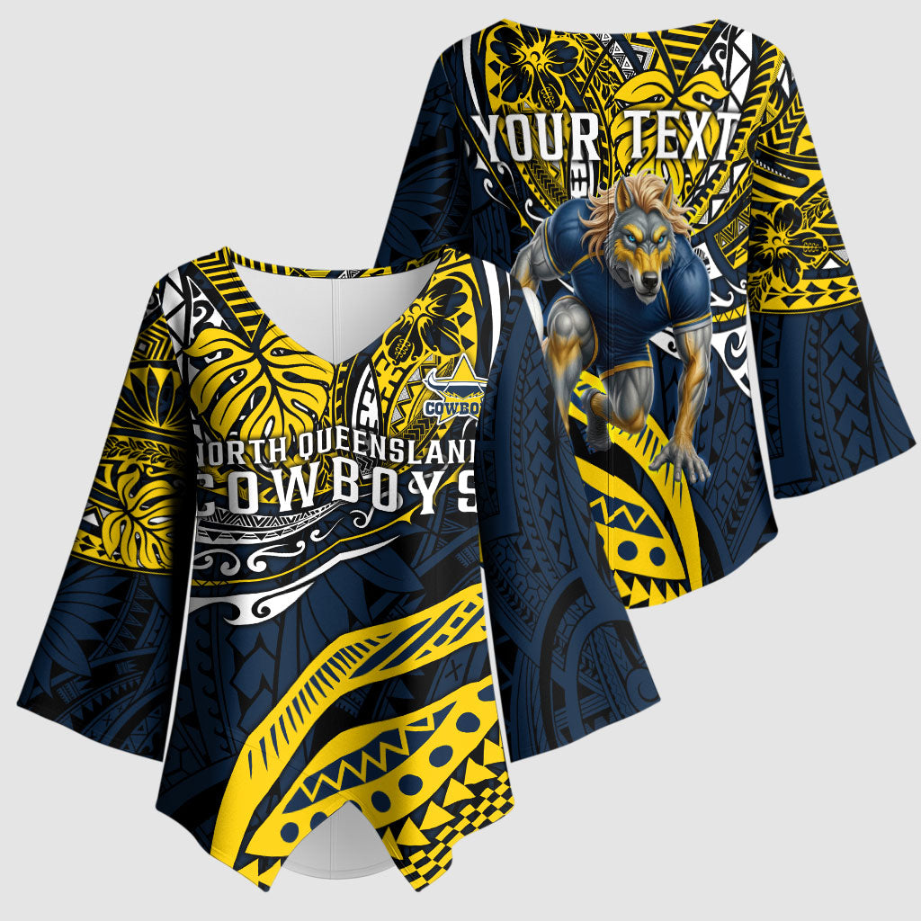 Personalised North Queensland Cowboys Kimono Sleeve Blouse Polynesian Tribal Art Style With Powerful Blue Heeler Mascot