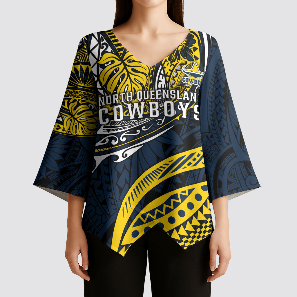 Personalised North Queensland Cowboys Kimono Sleeve Blouse Polynesian Tribal Art Style With Powerful Blue Heeler Mascot