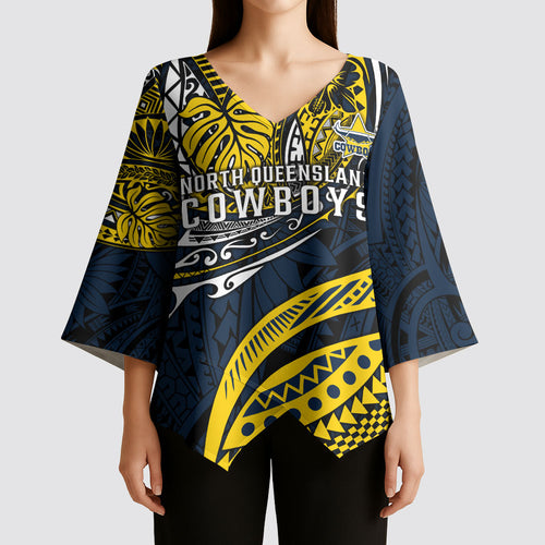 Personalised North Queensland Cowboys Kimono Sleeve Blouse Polynesian Tribal Art Style With Powerful Blue Heeler Mascot