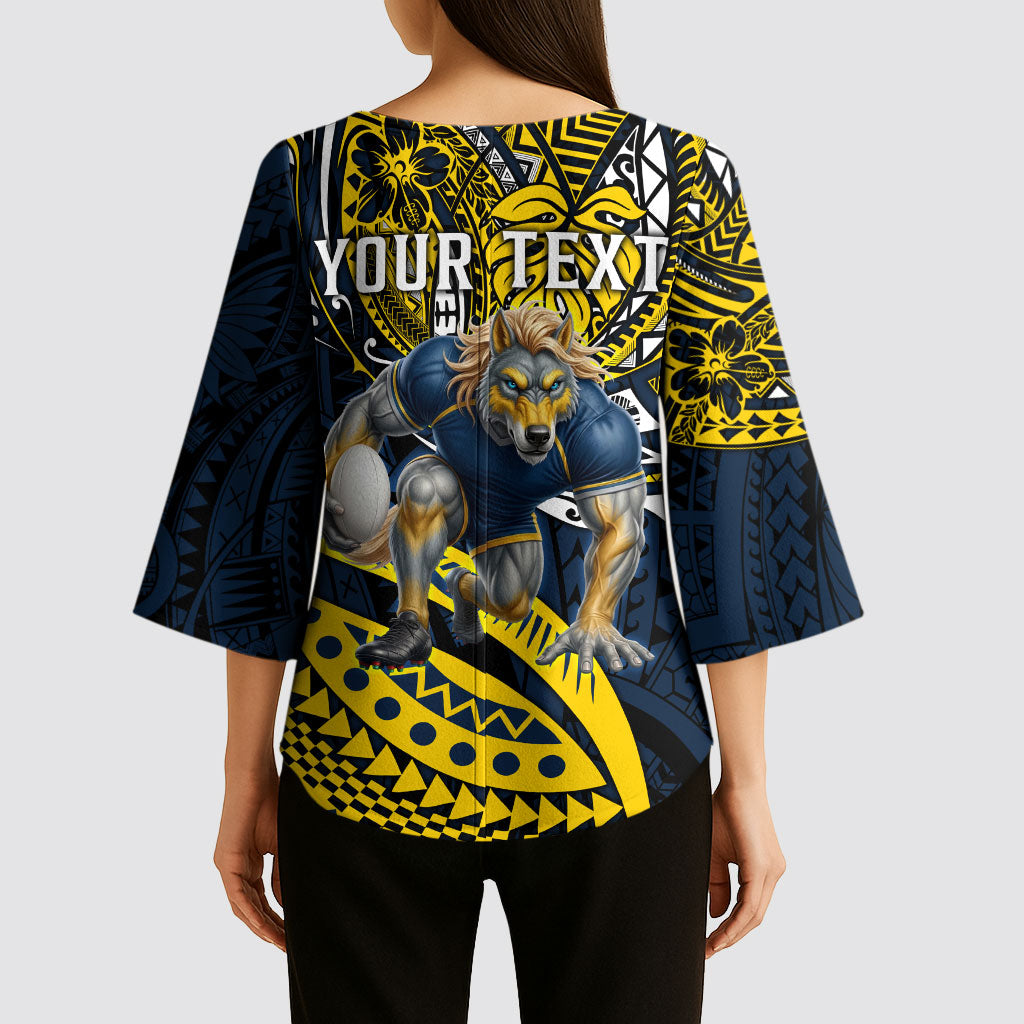 Personalised North Queensland Cowboys Kimono Sleeve Blouse Polynesian Tribal Art Style With Powerful Blue Heeler Mascot