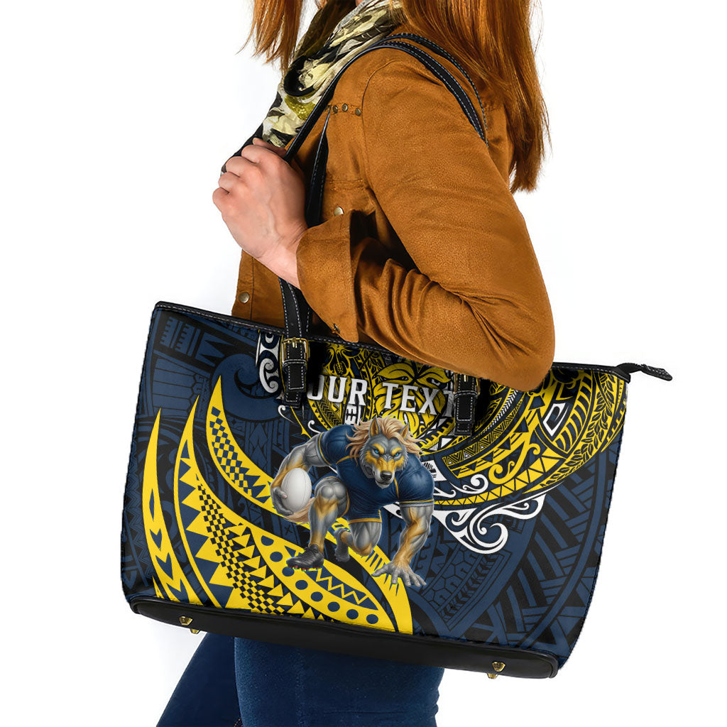 Personalised North Queensland Cowboys Leather Tote Bag Polynesian Tribal Art Style With Powerful Blue Heeler Mascot