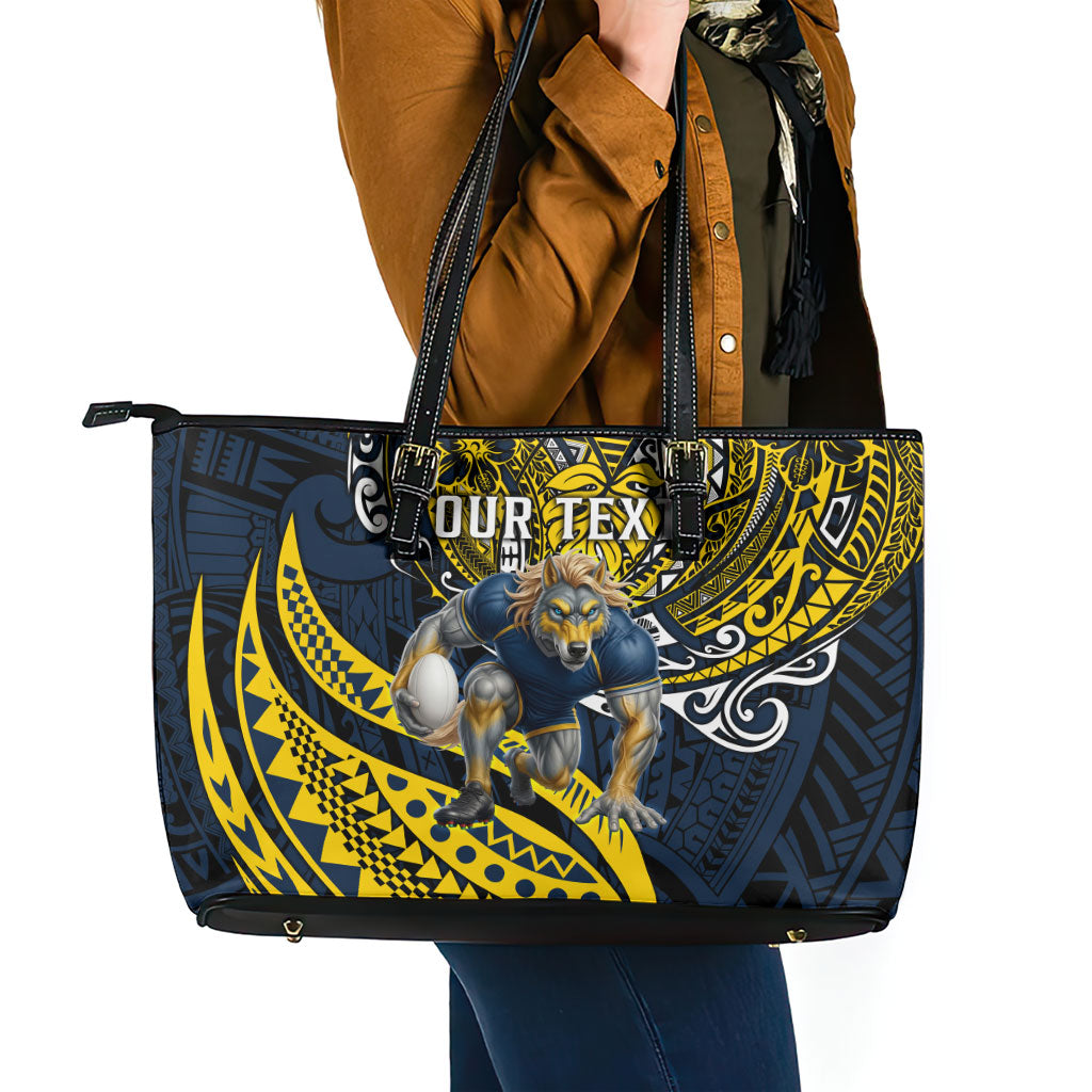 Personalised North Queensland Cowboys Leather Tote Bag Polynesian Tribal Art Style With Powerful Blue Heeler Mascot