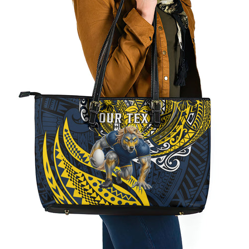 Personalised North Queensland Cowboys Leather Tote Bag Polynesian Tribal Art Style With Powerful Blue Heeler Mascot