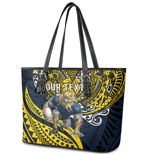 Personalised North Queensland Cowboys Leather Tote Bag Polynesian Tribal Art Style With Powerful Blue Heeler Mascot