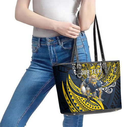 Personalised North Queensland Cowboys Leather Tote Bag Polynesian Tribal Art Style With Powerful Blue Heeler Mascot