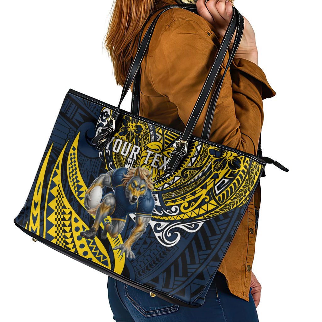 Personalised North Queensland Cowboys Leather Tote Bag Polynesian Tribal Art Style With Powerful Blue Heeler Mascot