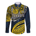 Personalised North Queensland Cowboys Long Sleeve Button Shirt Polynesian Tribal Art Style With Powerful Blue Heeler Mascot