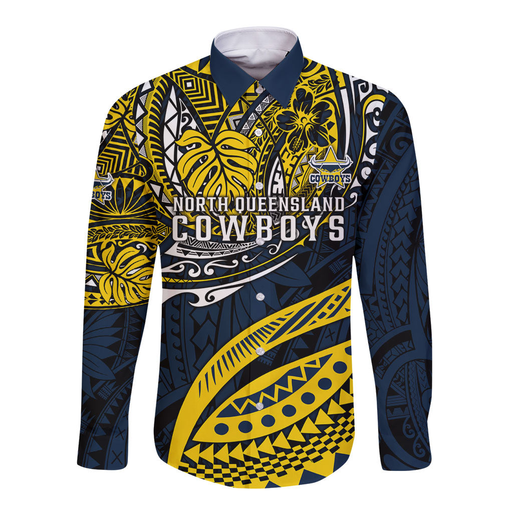 Personalised North Queensland Cowboys Long Sleeve Button Shirt Polynesian Tribal Art Style With Powerful Blue Heeler Mascot