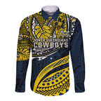Personalised North Queensland Cowboys Long Sleeve Button Shirt Polynesian Tribal Art Style With Powerful Blue Heeler Mascot