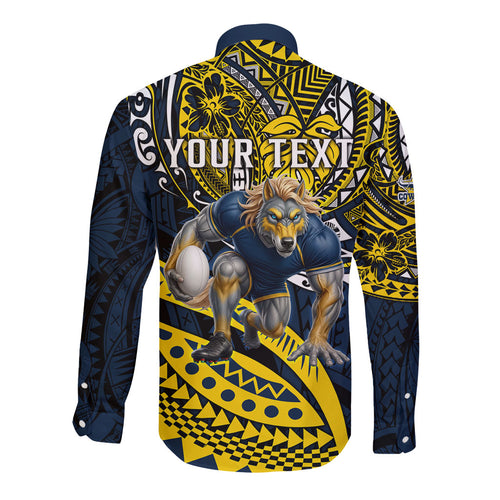 Personalised North Queensland Cowboys Long Sleeve Button Shirt Polynesian Tribal Art Style With Powerful Blue Heeler Mascot