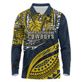 Personalised North Queensland Cowboys Long Sleeve Polo Shirt Polynesian Tribal Art Style With Powerful Blue Heeler Mascot