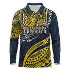Personalised North Queensland Cowboys Long Sleeve Polo Shirt Polynesian Tribal Art Style With Powerful Blue Heeler Mascot