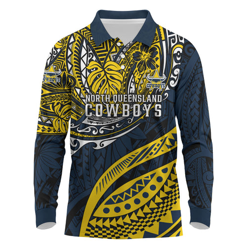 Personalised North Queensland Cowboys Long Sleeve Polo Shirt Polynesian Tribal Art Style With Powerful Blue Heeler Mascot