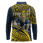 Personalised North Queensland Cowboys Long Sleeve Polo Shirt Polynesian Tribal Art Style With Powerful Blue Heeler Mascot